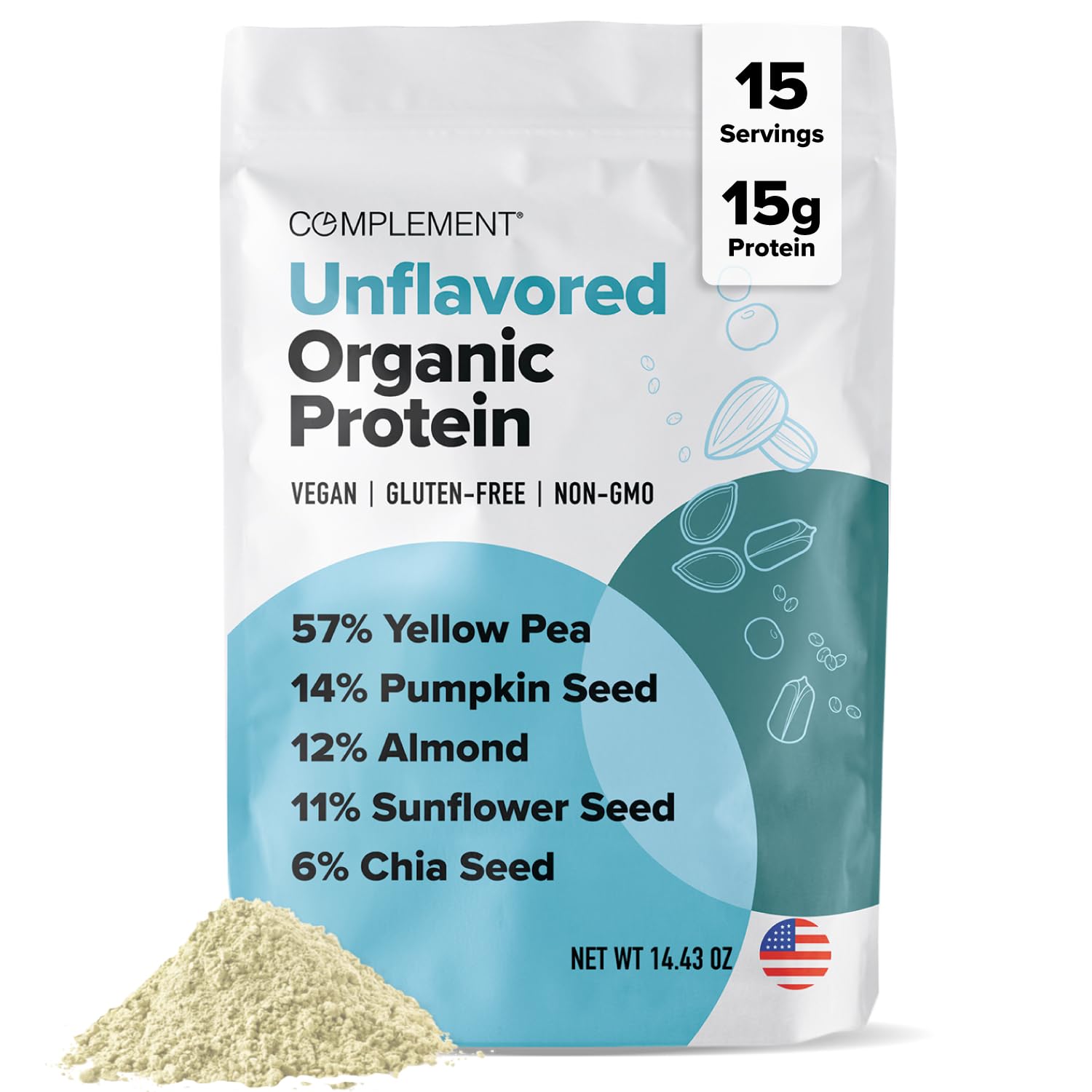Complement Organic Unflavored Vegan Protein Powder (15 Servings) Low Carb, Low Calorie, Sugar Free, Soy Free, Non-GMO, Gluten Free, Non Dairy- Yellow Pea, Pumpkin Seed- 15g Plant Based Protein Powder
