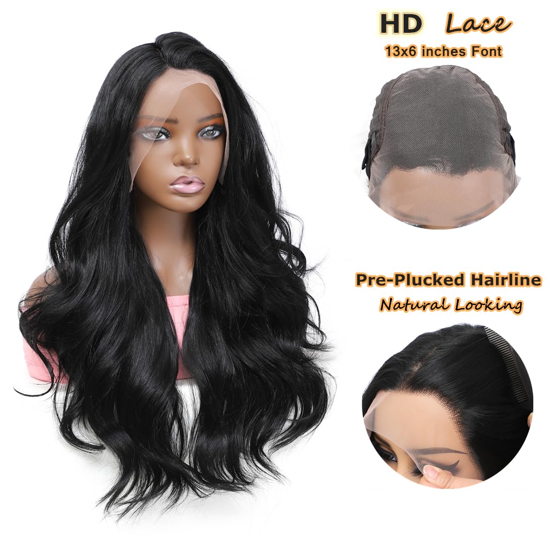 HD LACE Front Wig Wavy 13X6 Glueless Synthetic Lace Front Wigs Synthetic Fiber Heat Resistant Synthetic Lace Wigs Pre-plucked Hairline Synthetic Wig for Black Women (Natural Black)