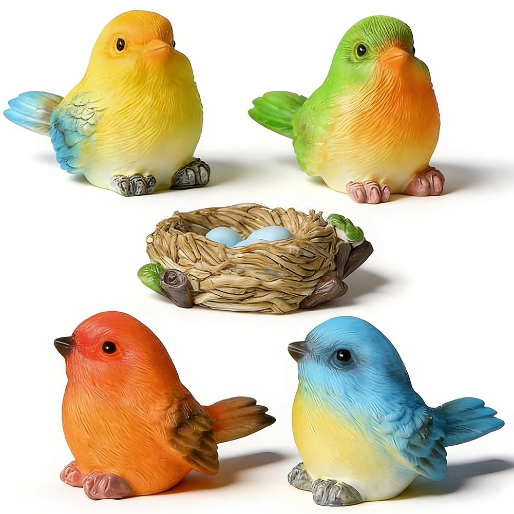 MYPPRFC 5Pcs Miniature Bird Figurines and Nest Kits, Birds Toys Playset, Bird Decorative Figurines Resin Bird Ornament for Garden Micro Landscape Decor, for Kids Educational Birthday Cake Décor
