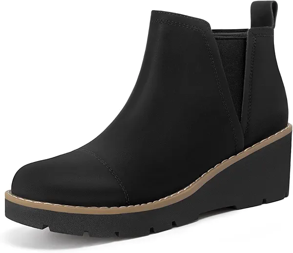 Athlefit Women's Wedge Chelsea Boots Platform Lug Sole Elastic Short Black Ankle Booties Size 9