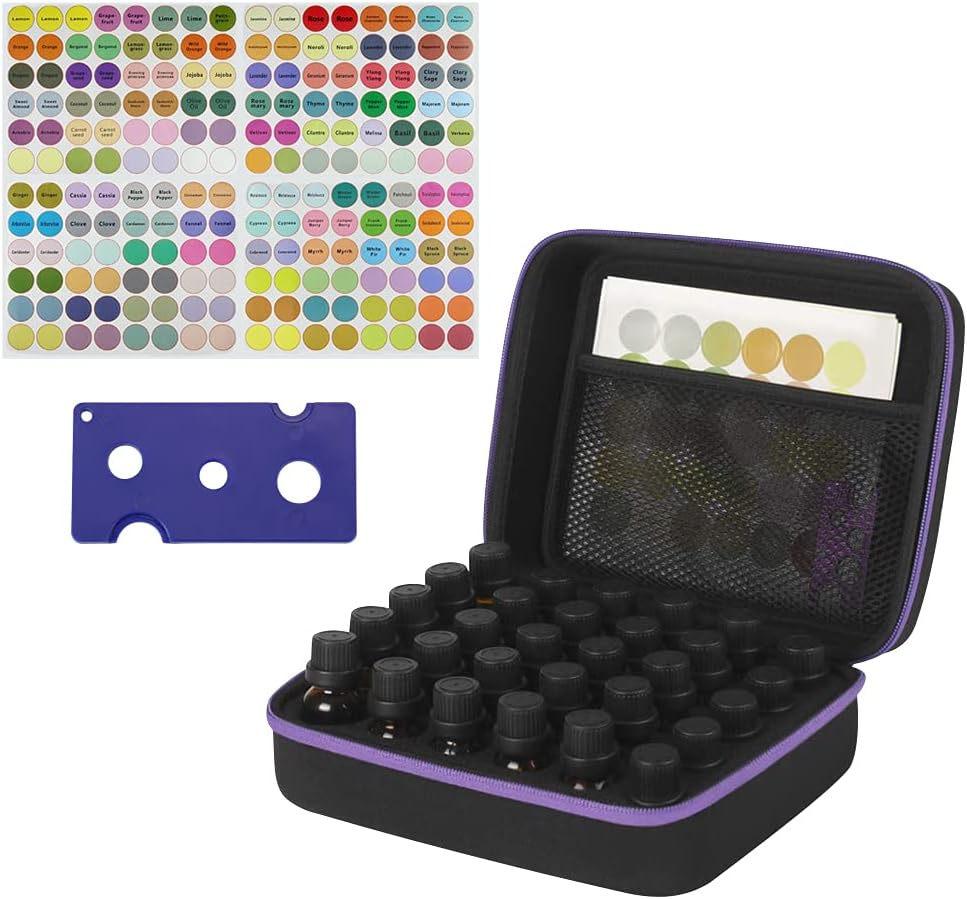 GIRAFEDA 30 Bottles Essential Oil Box Essential Oils Storage Waterproof Nail Polish Storage Box EVA Organzier Bag with Label Stickers and Bottle Opener for 5ml, 10ml, 15ml Bottles(Black+Purple)