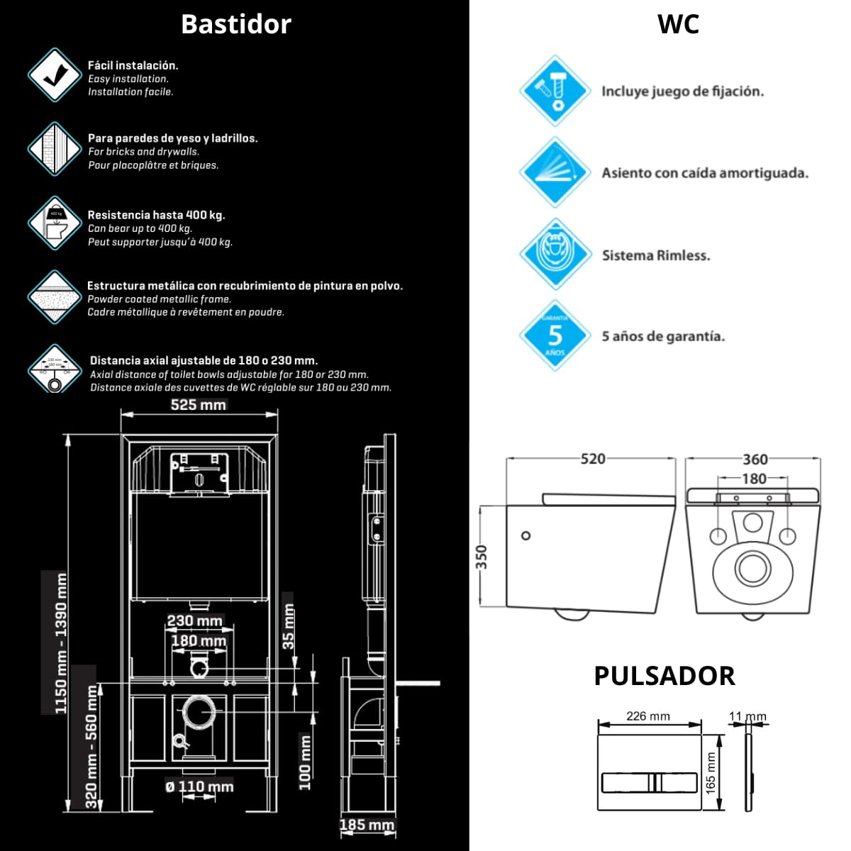 Pack Inodoro Suspendido Blanco Brillo y Cisterna Empotrada Autoportante con Pulsador Blanco | Inodoro Brillo Rimless Sin Borde de Fondo Reducido y Asiento Extrafino con Caida Amortiguada