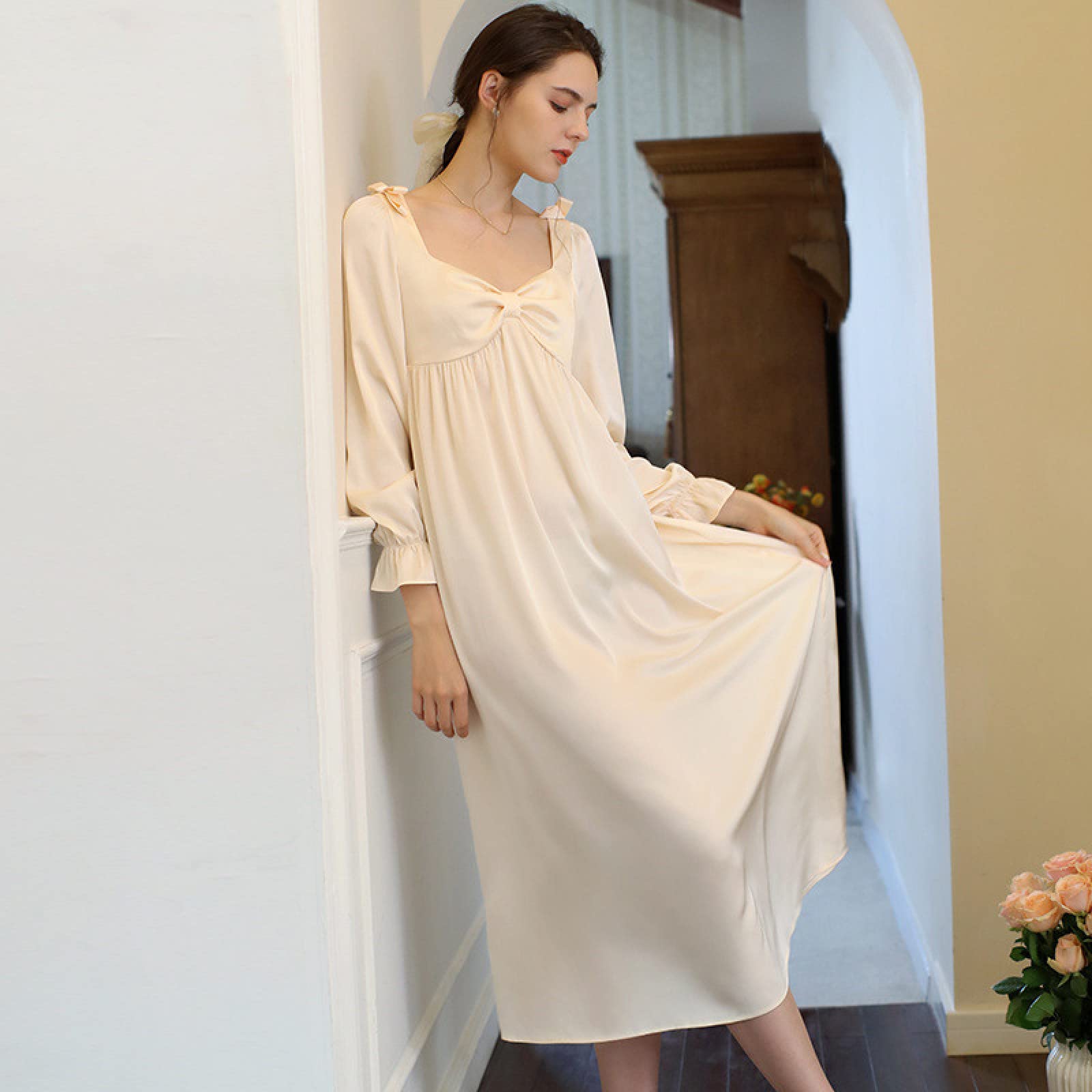 OFFSUM Camisón De Pijama De Mujer - Camisón De Seda Elegante con Cuello En V para Primavera Y Otoño Camisón Vintage De Princesa con Lazo Dulce Ropa De Salón De Talla Grande