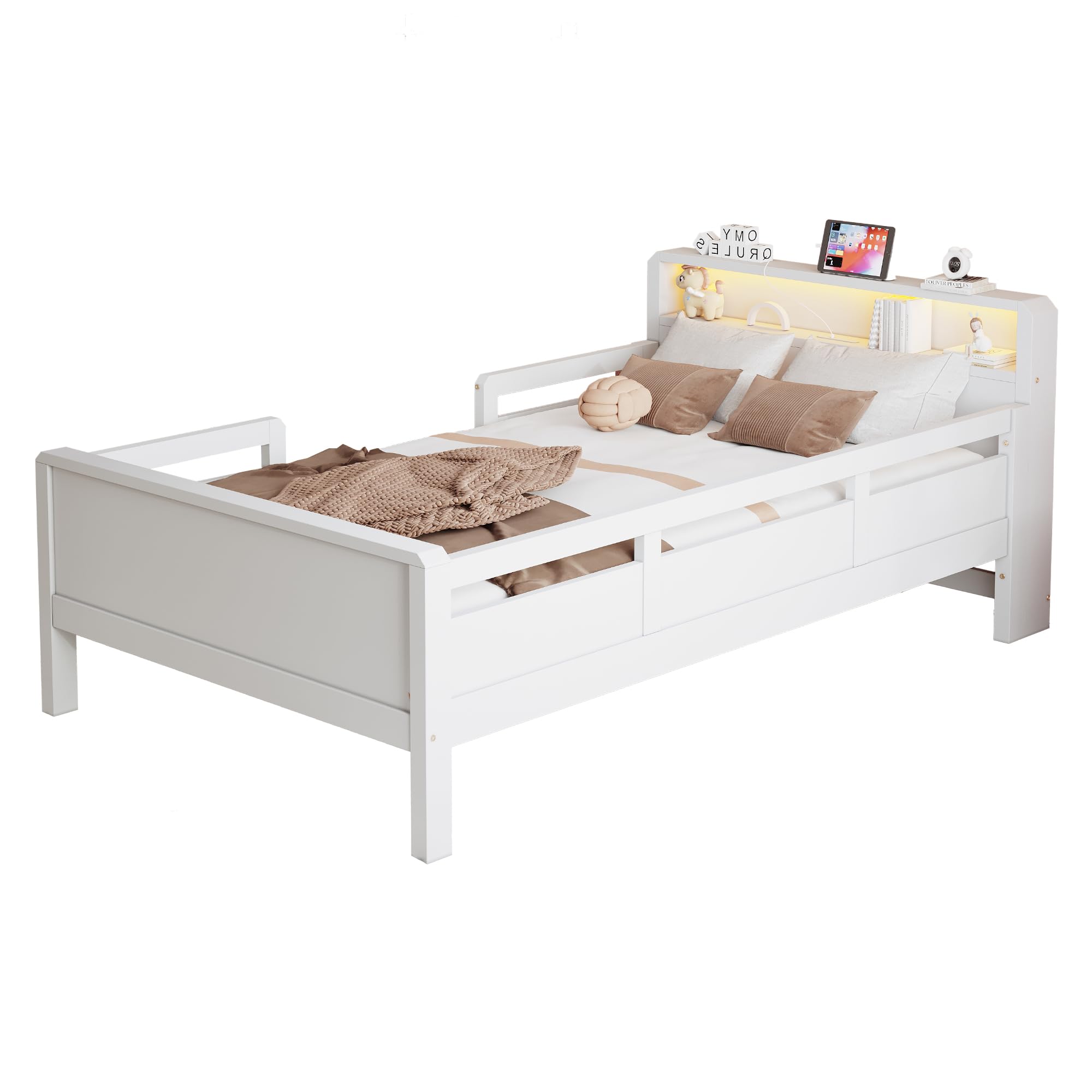 LED Bett 90x200 cm Kinderbett mit Rausfallschutz und Stauraum-Kopfteil, Kinder Bett Einzelbett mit USB-Type-C-Kombi-Steckdose, Holzbett Bettrahmen mit Lattenrost, Weiß, Ohne Matratze