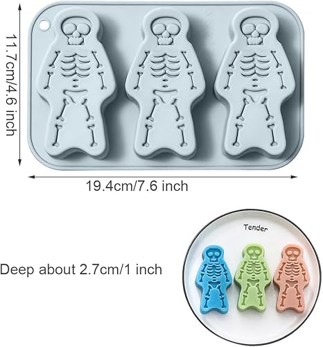 Miniatura 2 de Paquete de 2 moldes de silicona con temática de esqueleto de Halloween, 3 cavidades, huesos de calavera 3D, bandeja de moldes de bricolaje para