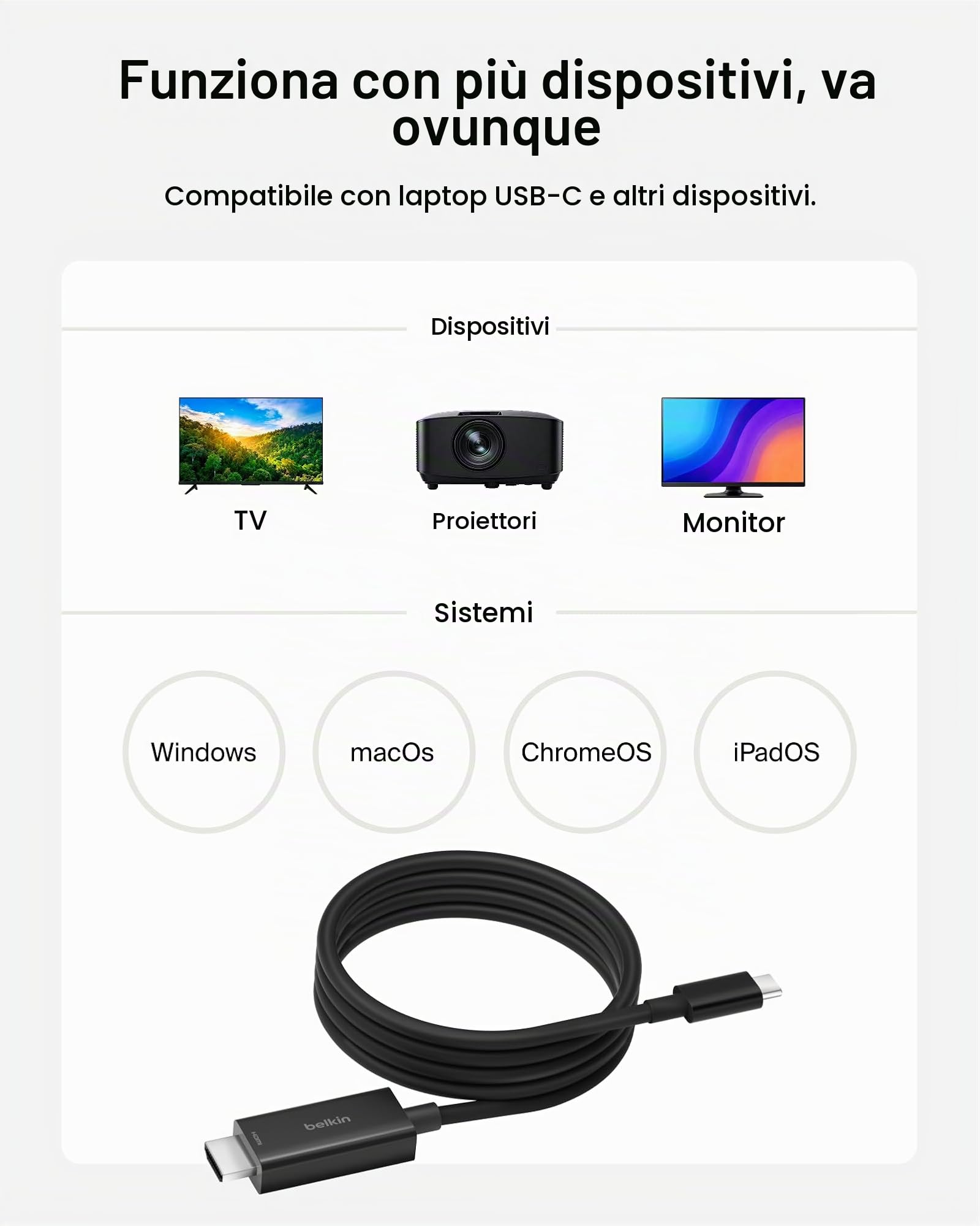 Belkin Cavo da USB-C ad HDMI 2.1 (2 m), supporta gli standard 8K a 60 Hz, 4K a 144 Hz, HDR, HBR3, DSC, HDCP 2.2, per MacBook, iPad Pro e altri dispositivi USB-C
