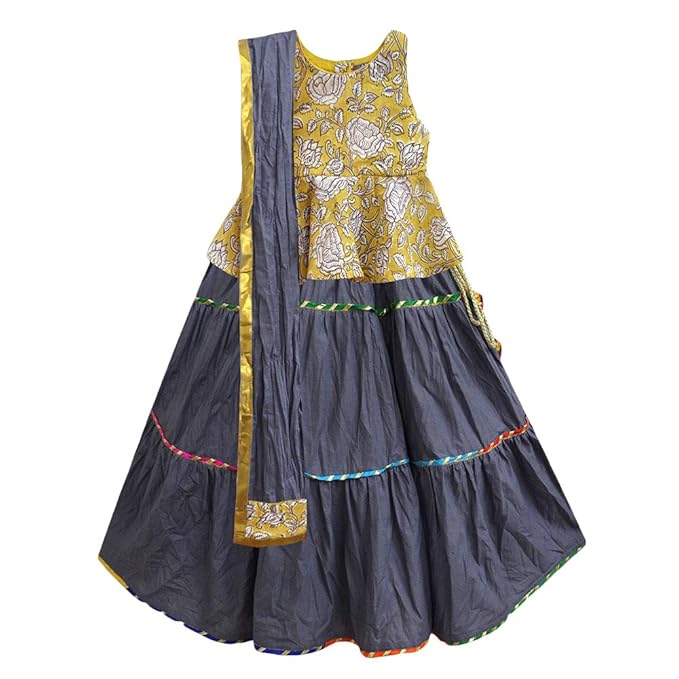 A.T.U.N By Hopscotch Baby Girls Cotton Sunny Carnation Block Print Peplum Three Piece Lehenga Set in Gold Color