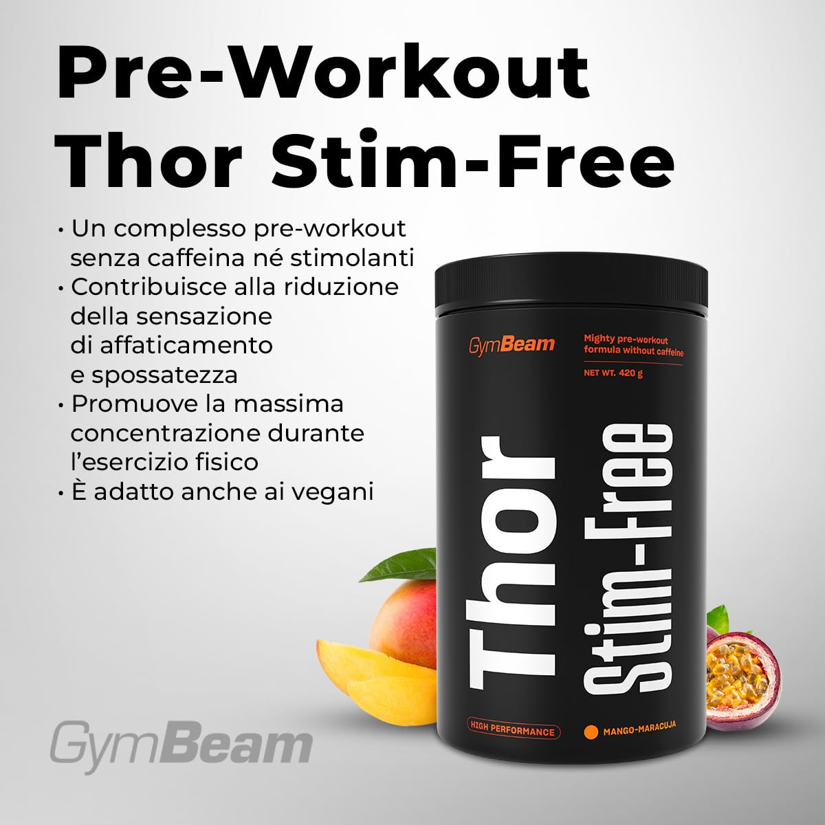 GymBeam - Thor Stim-Free Pre Workout 420 g, Pre Workout Senza Caffeina, Booster per Crescita Muscolare e Prestazioni Elevate, Riduce Affaticamento e Spossatezza (420 g, Mango-Maracuja)