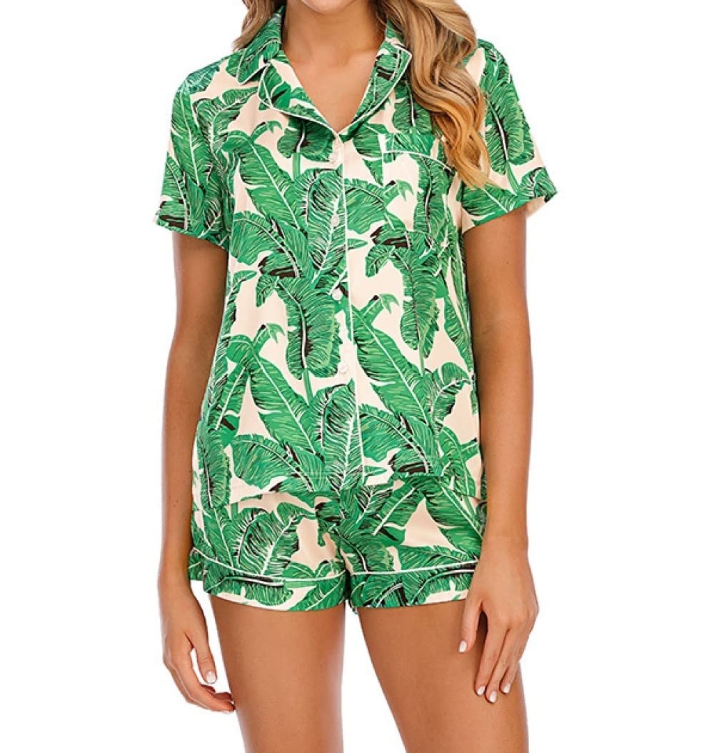 Donna Pigiama Estivo Due Pezzi,Risvolto Con Stampa Foglia Verde Pigiama A Maniche Corte Da Donna Set Da 2 Pezzi Pigiama Da Donna Morbido E Confortevole Loungewear Regalo Per La Festa Della Mamma Per