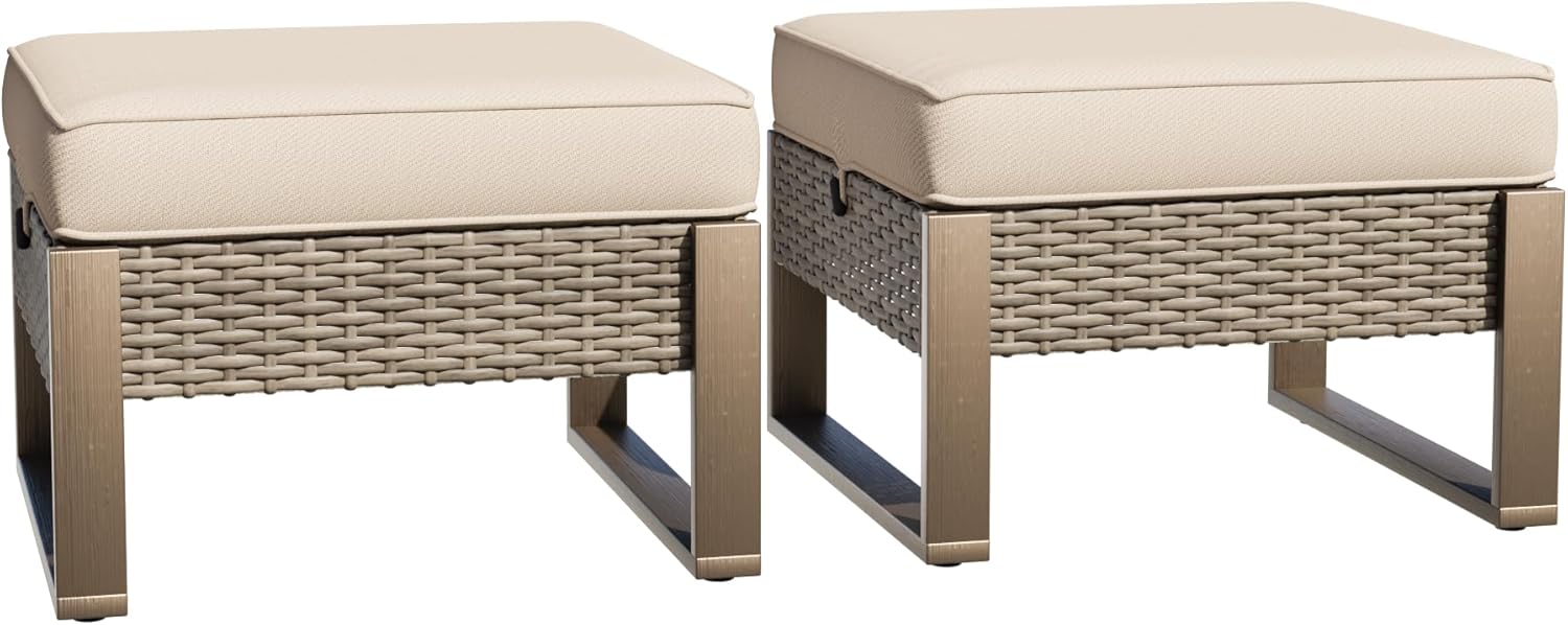 Patio Metal Wicker Ottoman Set of 2, Outdoor PE Rattan Footstools with Removable Cushions & Wood Looking Metal Steel Framed Legs for Garden Backyard Porch Deck, Beige
