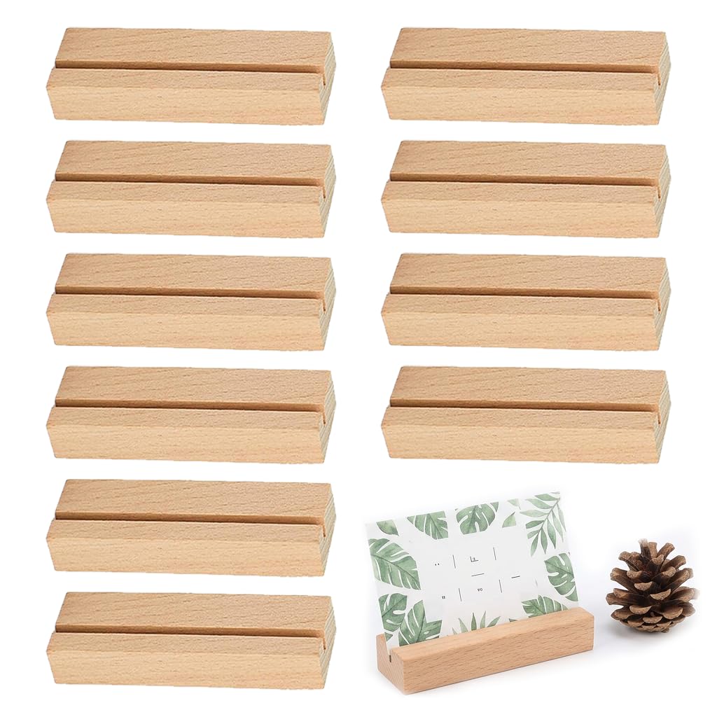 SouStar Wooden Place Card Holders, 10 Pack Wood Table Number Stands, Rustic Name Card Display Holder for Weddings, Dinner Parties, Events, Office Business Card Stand - Natural Beech Wood