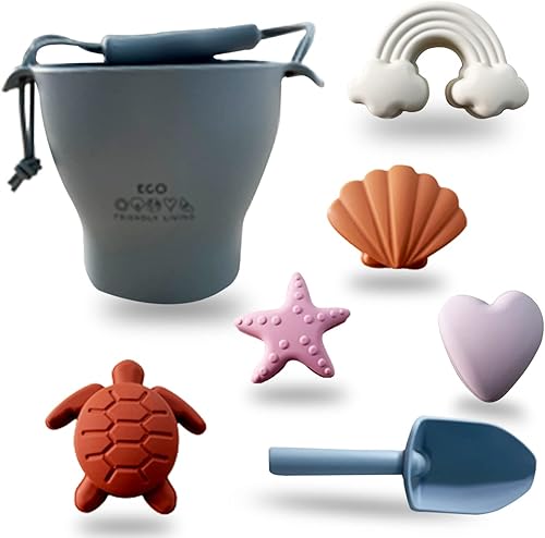 Miniatura 2 de ECO Friendly Living - Juguetes de playa modernos de silicona para arena, piscina o baño, incluye bolsa de algodón orgánico, corazón, arcoíris,