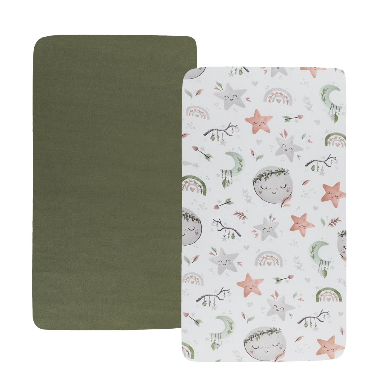 Stretchy Fitted Crib Sheets Set 2 Pack Portable Crib Mattress Topper for Baby Girl Boy,Ultra Soft Jersey Material, Light Green &amp; Moon