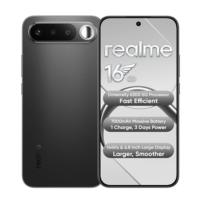 realme 16 5G Smartphone (8GB+256GB, 7000mAh, 60W Fast Charging) at ₹38999 (25% Off) – Amazon