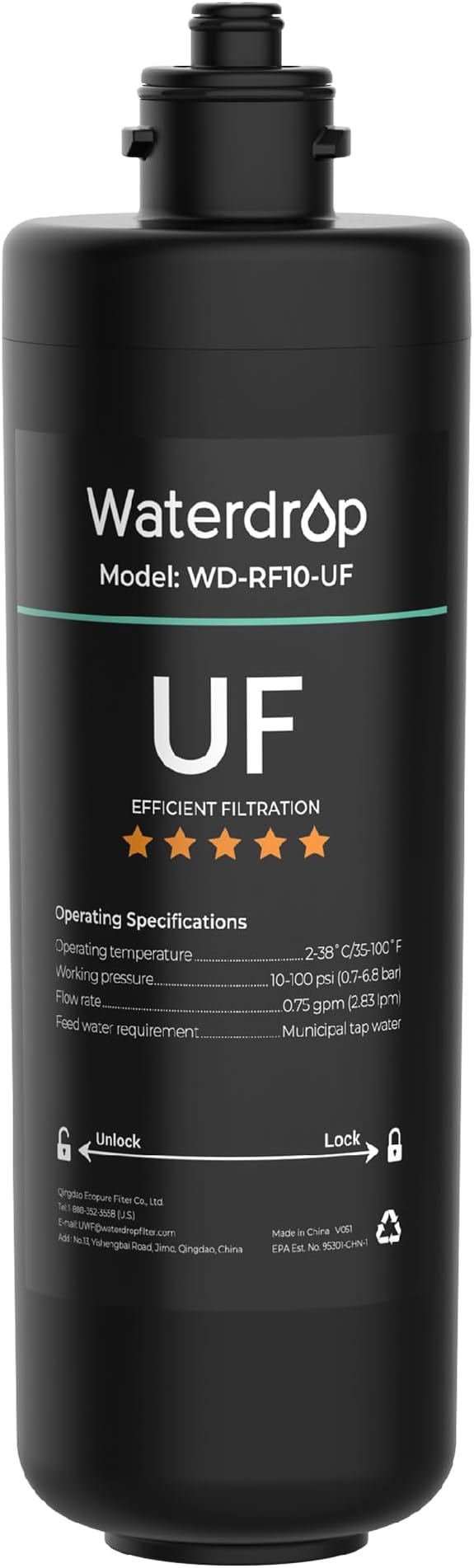 Waterdrop RF10-UF 0.01 Micron Replacement Filter Cartridge for 10UA/10UA-UF/10UB/10UB-UF Under Dish Water Filter, Reduces Lead, Chlorine, Bad Taste and Odor, 8K Gallons High Capacity