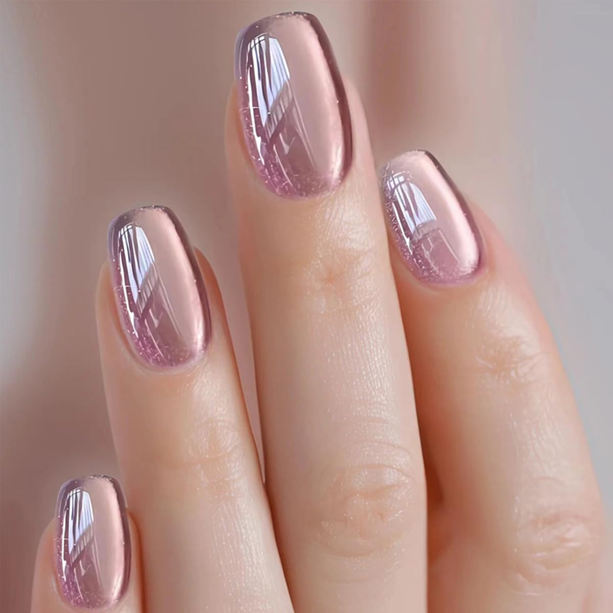 Pink Glitter Press On Nails - Short Square Nude Acrylic Full Cover False Nails With Glossy Glue-On Shiny Artificial Stick-On Manicure for Women -