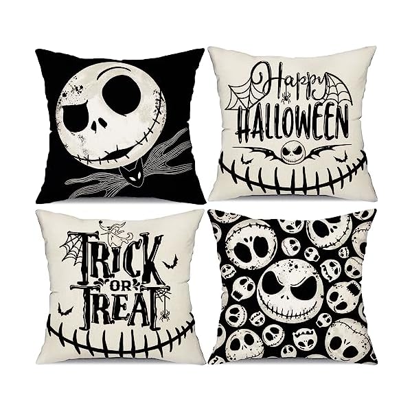 DFXSZ Halloween Pillow Covers 18x18 inch Set of 4 Halloween Decorations Skull Happy Halloween Trick or Treat Decor Holiday Pillow Case Farmhouse Decor for Home Sofa B103