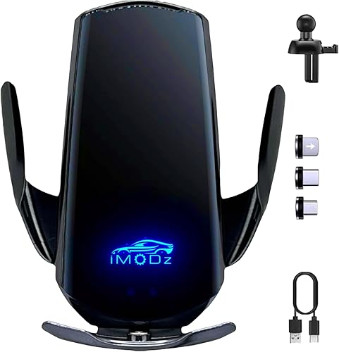 iMODZ Cargador inalámbrico para automóvil logotipo LED, carga rápida Qi de 15 W, sujeción automática con sensor inteligente, montaje de ventilación