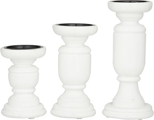 Miniatura 3 de Deco 79 Mango - Portavelas de pilar de madera torneada, juego de 3 10 pulgadas, 8 pulgadas, 6 pulgadas de alto, blanco