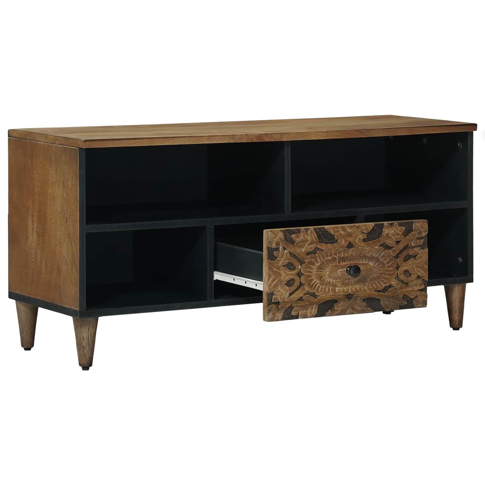 Mueble para TV (madera maciza, mango bajo, 100 x 33,5 x 46 cm), color marrón | Mueble bajo moderno con patas de metal para sala de estar y pasillo, ofrece espacio de almacenamiento con cajón y estantes.