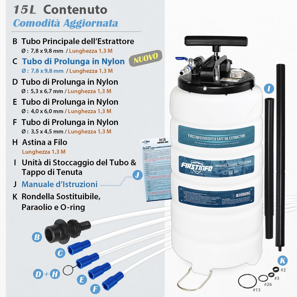 FIRSTINFO Estrattore Olio Pneumatico/Manuale 15L, Prodotto a Taiwan, con Manometro, 5 Tubi di Aspirazione, Sonda Ultra Sottile 3,5 x 4,5 mm, A1106EUY5