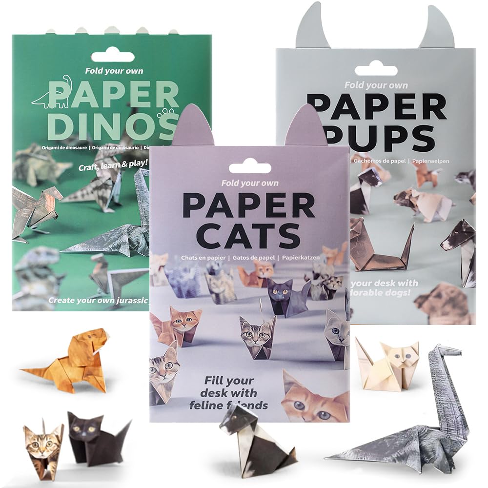 Paper Cats Origami Kit, 50pcs DIY 3D Origami Animal Kit for Making Cute Origami Cat/Dog/Dinosaur
