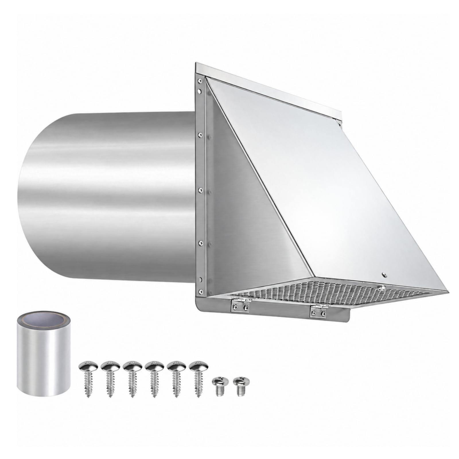 edelstahl-trocknerlüftungshaube mit klappe und sieb rostfrei mauerkasten mit rückstauklappe automatisch schließend trocknerlüftungsgitter, Silber