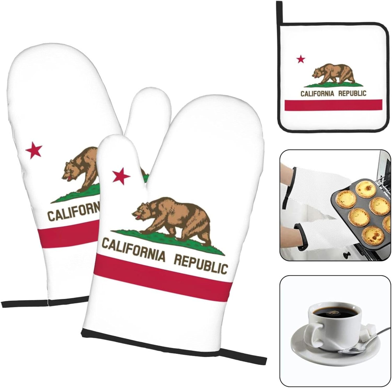 California State Flag Kitchen baking three piece set/oven gloves, fit for cooking, baking, steaming, and grilling