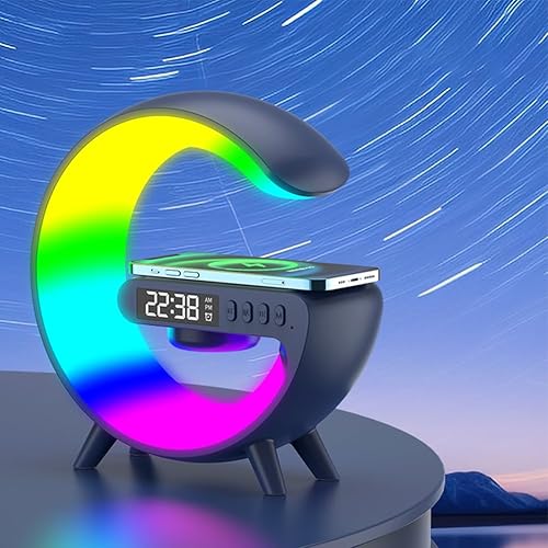 Miniatura 7 de FHNUVB Cargador de altavoz inalámbrico, lámpara de mesa de ambiente con carga de alta velocidad de 10 W, reloj despertador 7 en 1, luz nocturna de