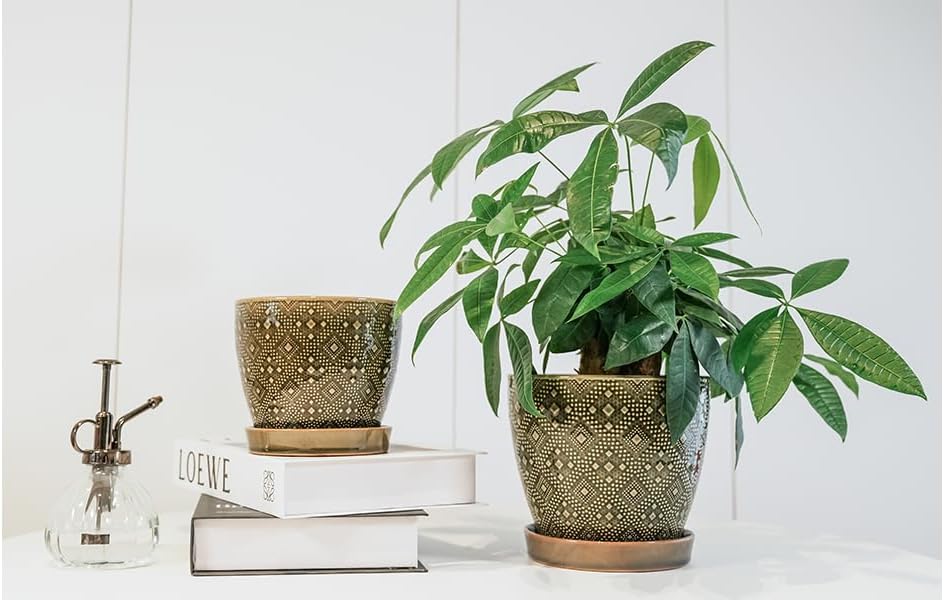 Docrin Dark Green Ceramic Planter Set - 6.6"+5.5" Indoor Outdoor Pots with Drainage Holes & Saucers for Home Office Decor