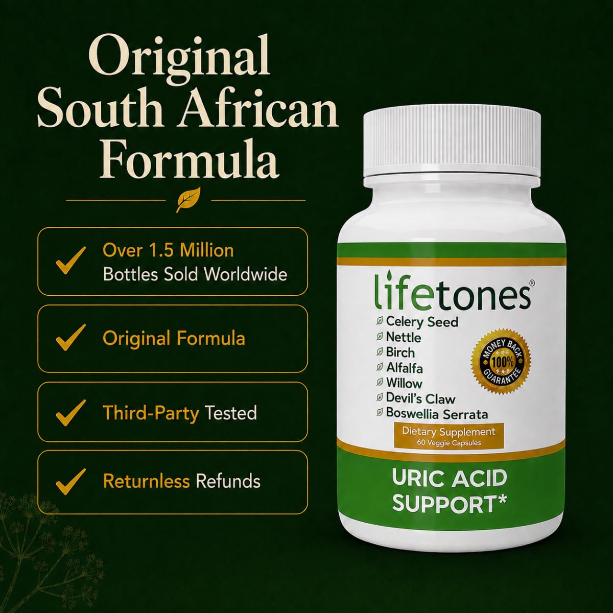 Lifetones Uric Acid Support Capsules – 7-Herb Formula with Boswellia, Devil's Claw, White Willow & Celery Seed – No Herbal Taste – Supports Healthy Uric Acid Levels & Joint Comfort – 60 Vegan Capsules — Amazon image 3