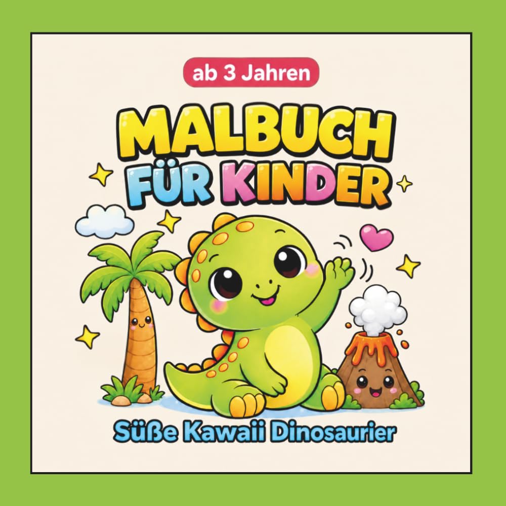 Süße Kawaii Dinosaurier Malbuch für Kinder ab 3 Jahren: 40 lustige und einfache Malvorlagen für Kleinkinder und Vorschulkinder