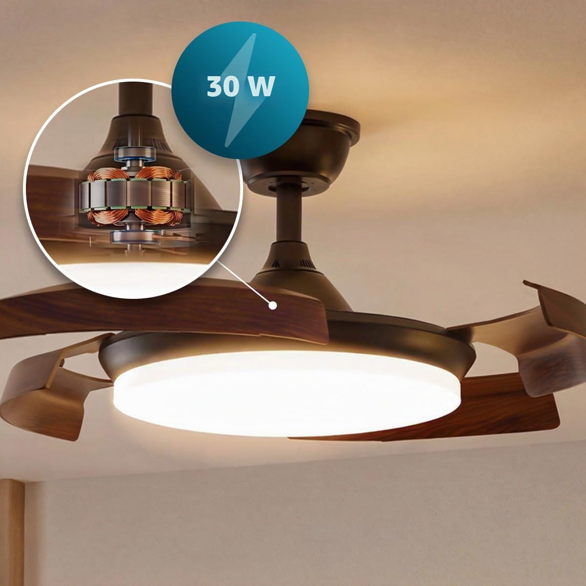 Cecotec Ventilatore da Soffitto con Luce Pale Retrattili EnergySilence Aero 4500 Puzzle Invisible Silver.30W, Motore DC, Diametro 42", LED, Telecomando, Timer, Funzione Estate/Inverno, Fresco Uniforme