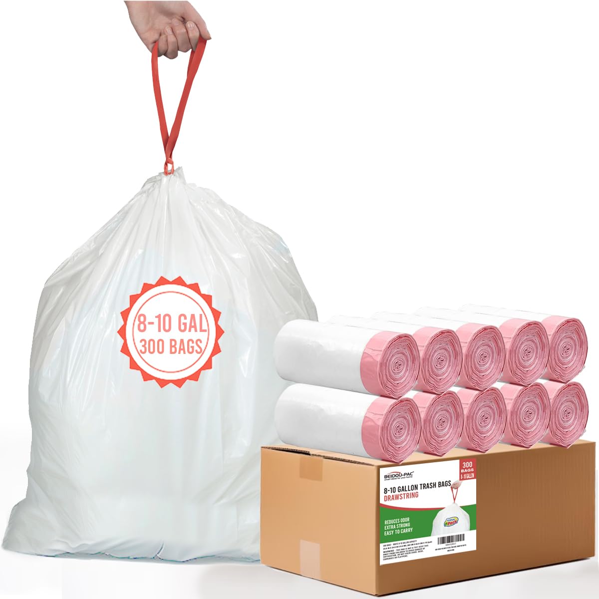 BEIDOU-PAC Bolsas de basura de 8 a 10 galones, con cordón, 300 unidades, bolsas de basura blancas y sin perfume, multiusos, para negocios, hogar, baño, cocina, comercial e industrial