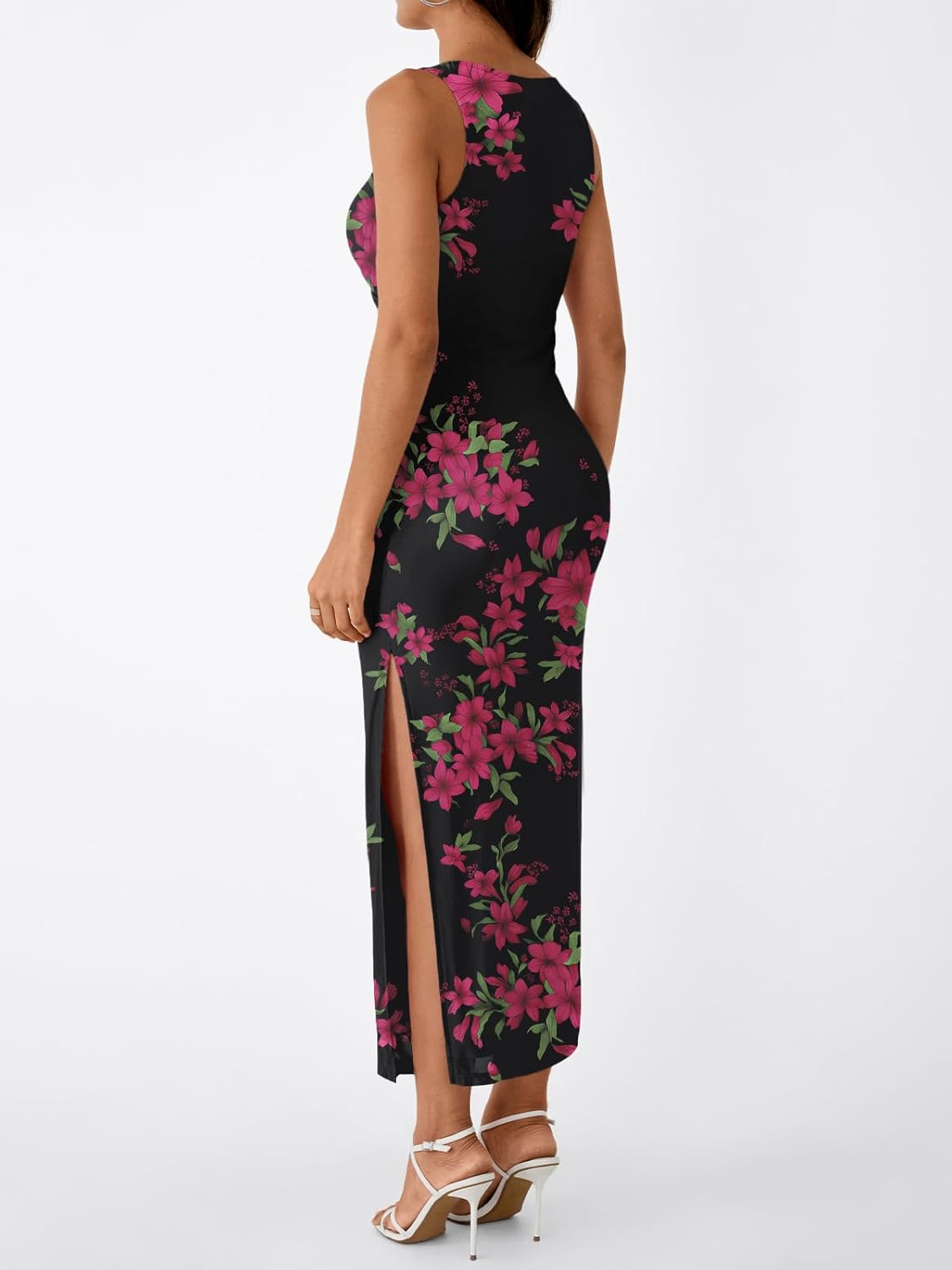 Trendy Queen Bodycon Maxi Dress Womens Sleeveless Floral Print Fitted Party Club Ruched Dresses with Side Slit - Image 4