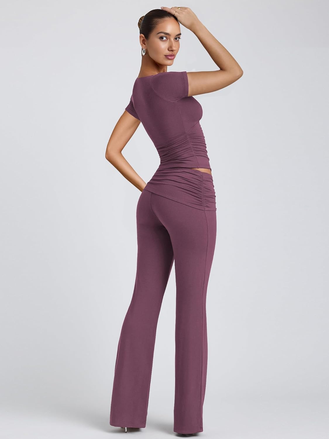 Lrady Womens 2 Piece Outfits Lounge Sets Lightweight Comfy Slim Crop Tops Fold Over Flare Pants Tracksuits