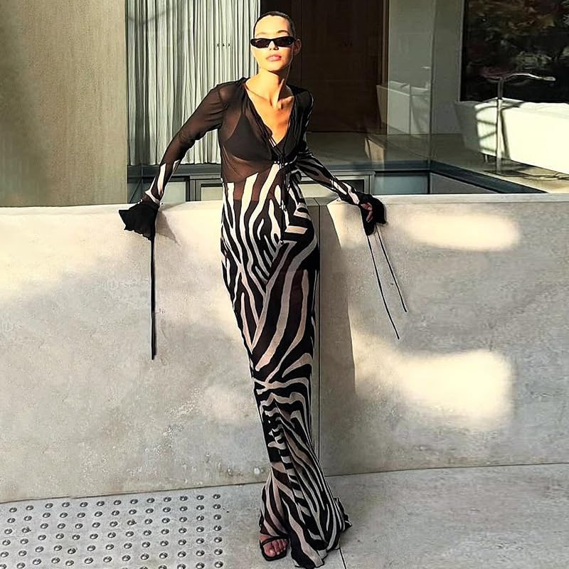 Womens Sexy Sheer Mesh Maxi Dress See Through V Neck Long Long Sleeve Dress Night Party Dresses 2025