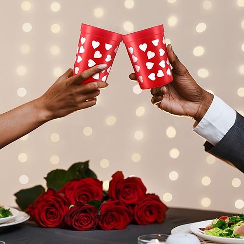 Miniatura 6 de 30 vasos de plástico de San Valentín, vasos de corazón de 8 onzas, vasos de fiesta fríos para fiestas, vasos rojos con patrón de corazón blanco para