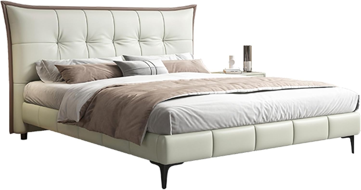 Modern Leather Full Size Bed Frame Ergonomic Upholstered Headboard with Heavy Duty Wooden Slat Support Noise-Free
