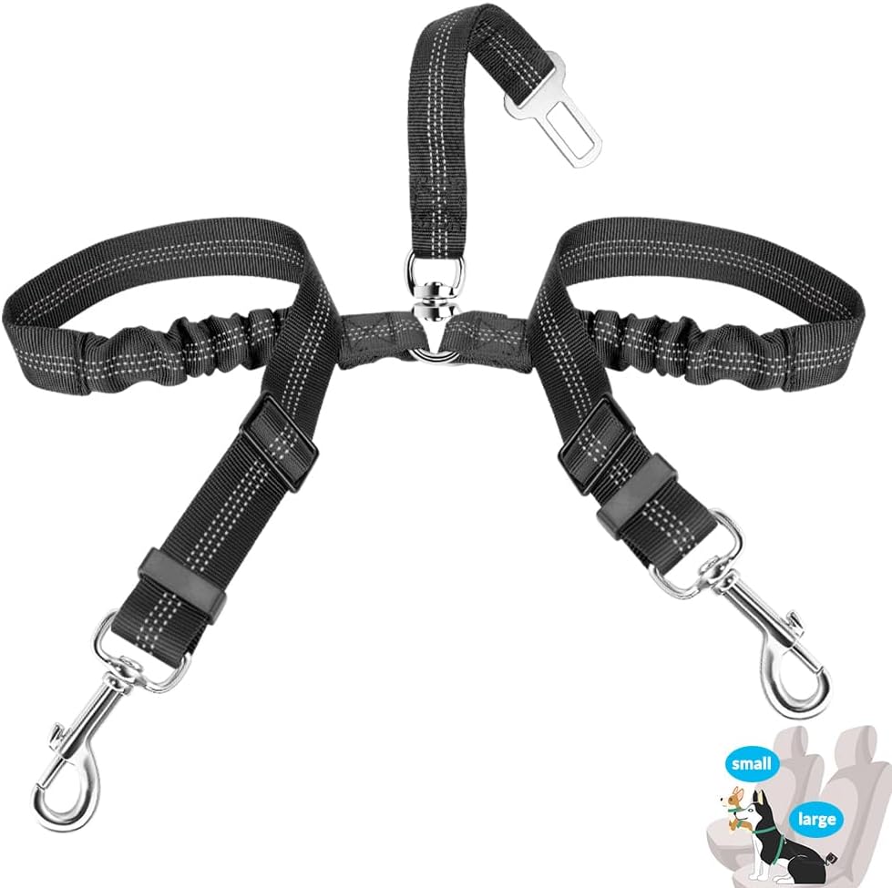 LukoveeDouble Car Seatbelt, Reflective dog seat belts for cars Adjustable Elastic Anti-Shock Bungee Buffer 2 Dogs Car Harness Seatbelts Coupler, Puppy Cars Restraint Safety Travel Belts Splitter