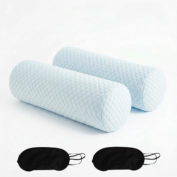 2 Pcs Cooling Neck Roll Pillow with Washable Breathable Cover and Eye Masks, Cervical Round Support Pillow, Memory Foam Round Cylinder Bolster for Sleeping Pain Relief15.8 x 6 Inch