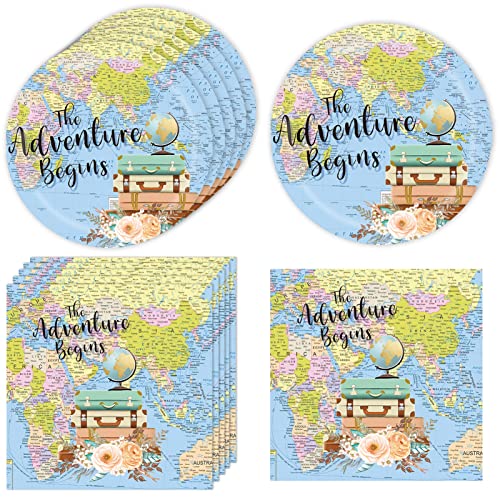 KHAIVI Adventure Awaits Party Decorations for Adventure World Awaits Map Party Supplies Travel Trip Party Decoration Dessert Plates Travel Napkins