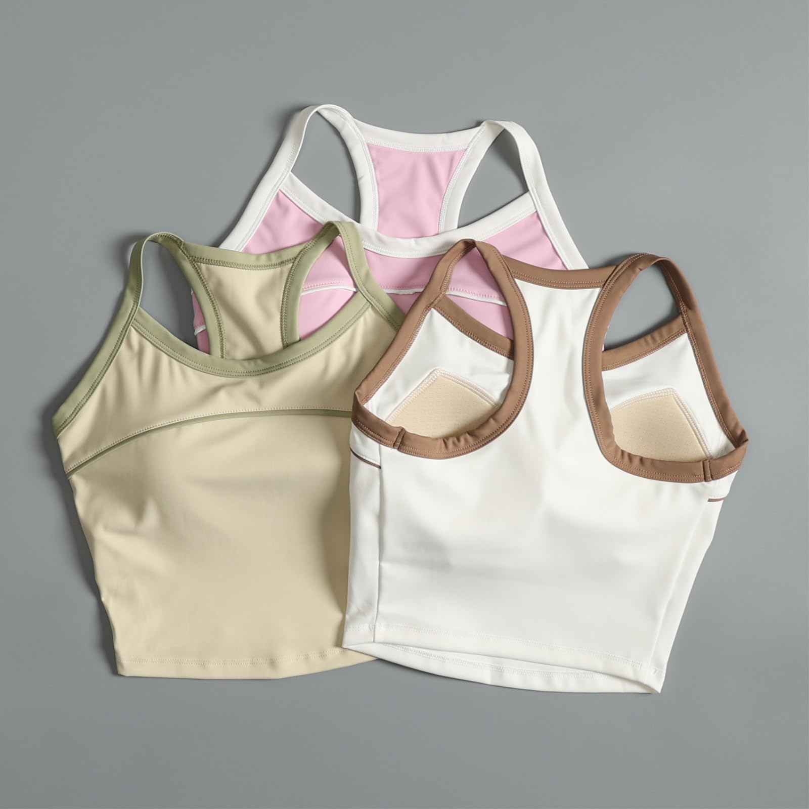Sujetador Yoga Mujeres Contraste Tubulación Racerback Tank Top Fijo Acolchado Recortado Chaleco Deportivo Correr Gimnasio Entrenamiento-l-White