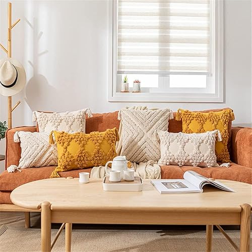 Miniatura 8 de Funda de almohada lumbar tejida con pompones bohemios, funda de almohada lumbar de color sólido cúrcuma para decoración del hogar, sofá, cama, sala