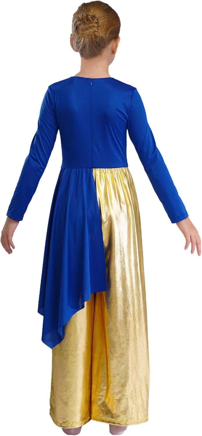 FEESHOW Long Sleeve Praise Dance Dresses for Girls Metallic Asymmetric Overlay Dress Pants Worship Liturgical Bodysuit