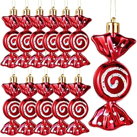 Threan 12 Pieces Christmas Candy Ornaments Hanging Glitter Candy Cane Ornaments Christmas Tree Candy Peppermint Ornaments with Golden Ropes for Xmas Party Home Decorations (Red) Cover