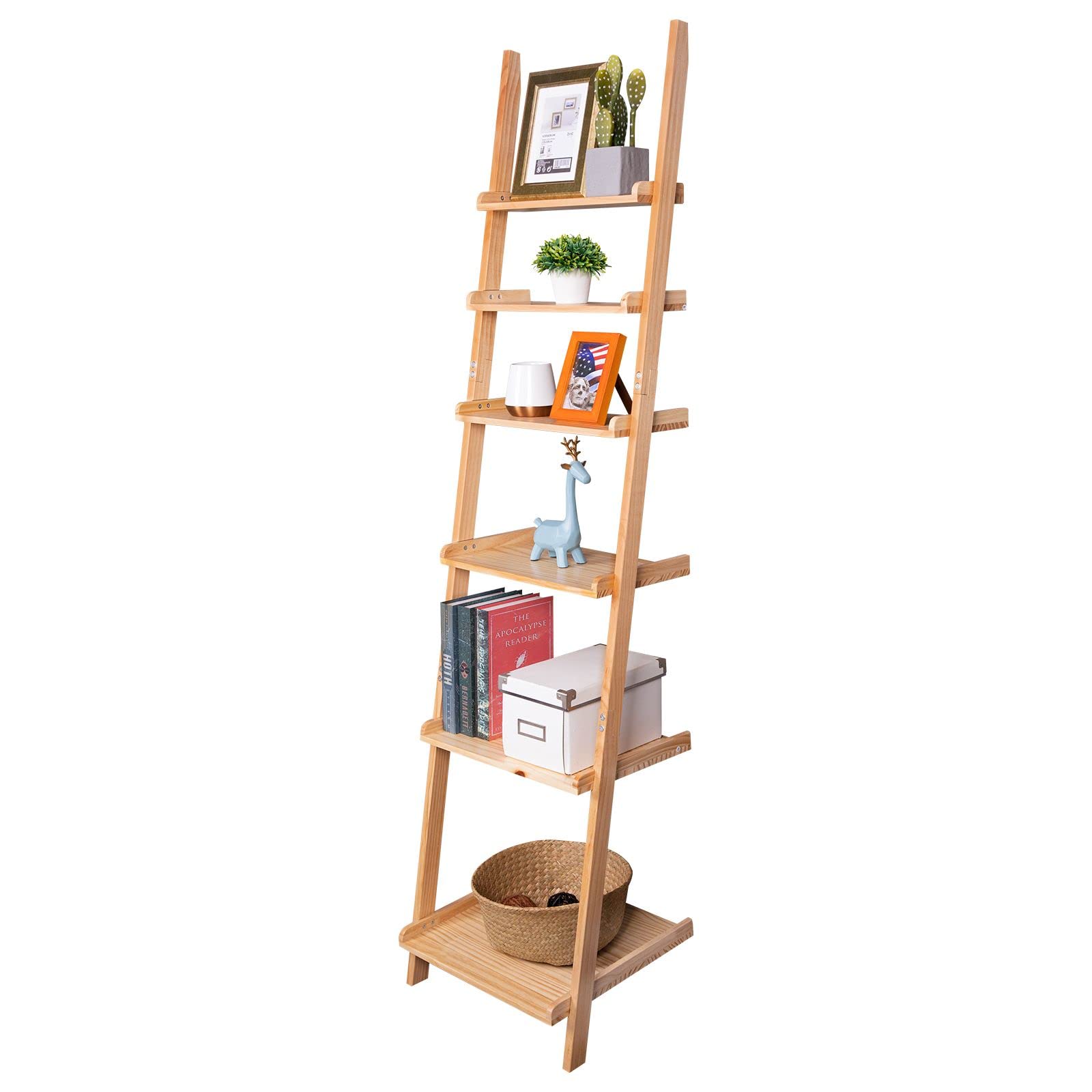 Fit Modern 6-Tier Ladder Bookshelf Organizer, Solid Wood Farmhouse Leaning Shelf Display Ladder Bookcase for Living Room, Natural Color