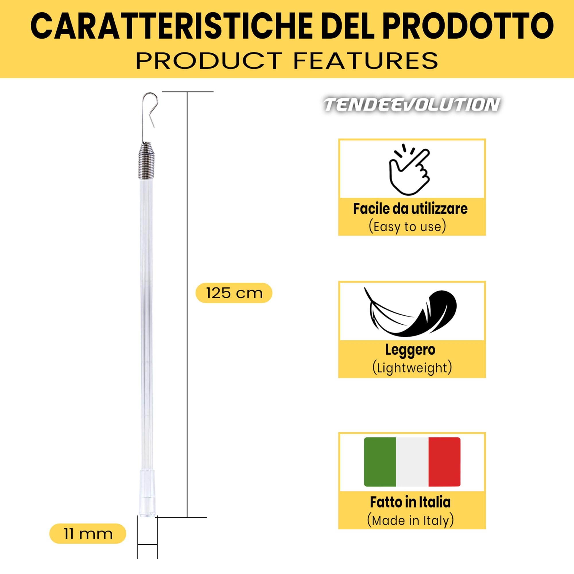 TENDEEVOLUTION Asta Tiratenda Plexiglas 125 cm Bastone Apritenda Rigido Accessori Tende Interno