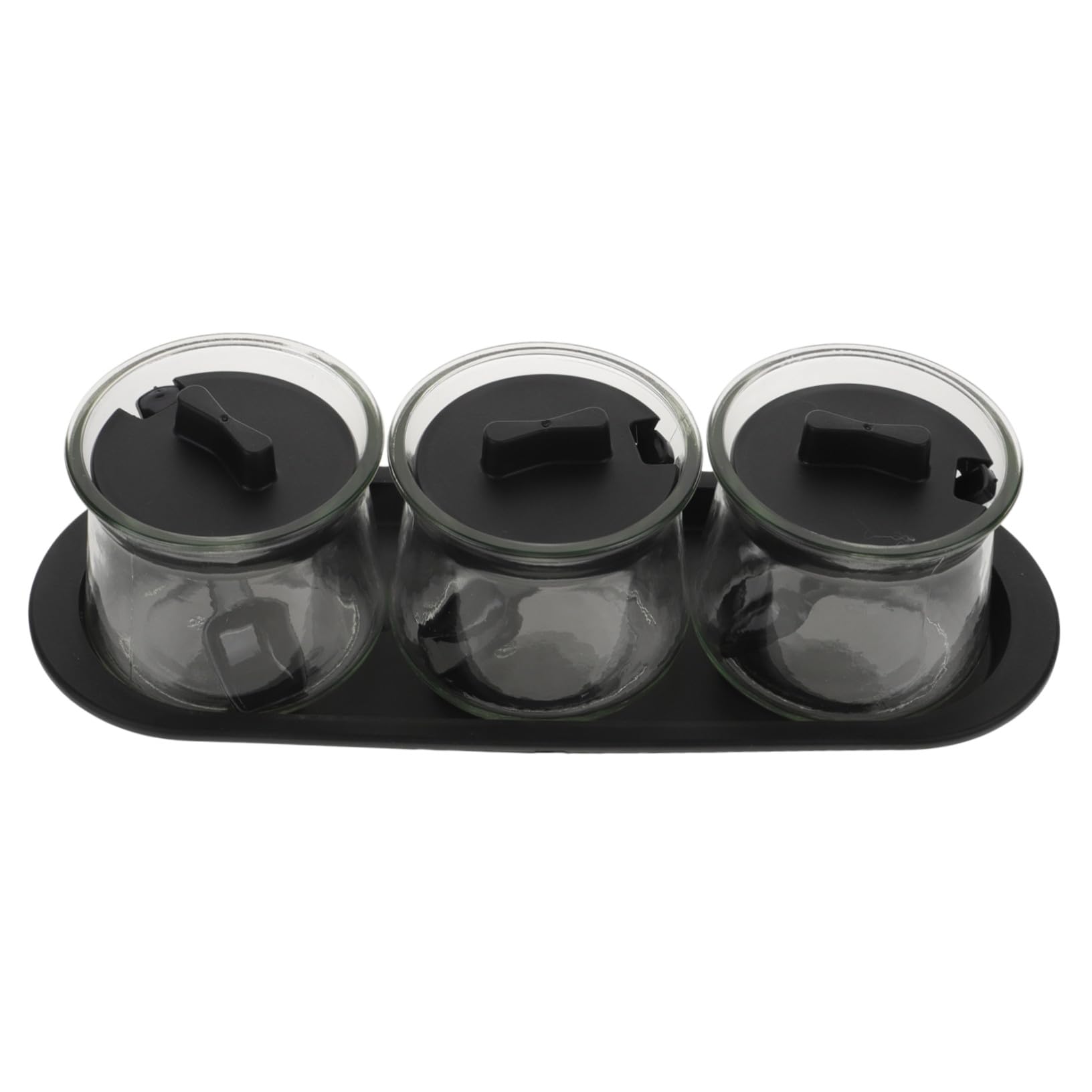 Set di 3 Barattoli Portaspezie in Vetro Trasparente con Cucchiaio Dosatore e Vassoio, Contenitori per Condimenti in Pp per Cucina