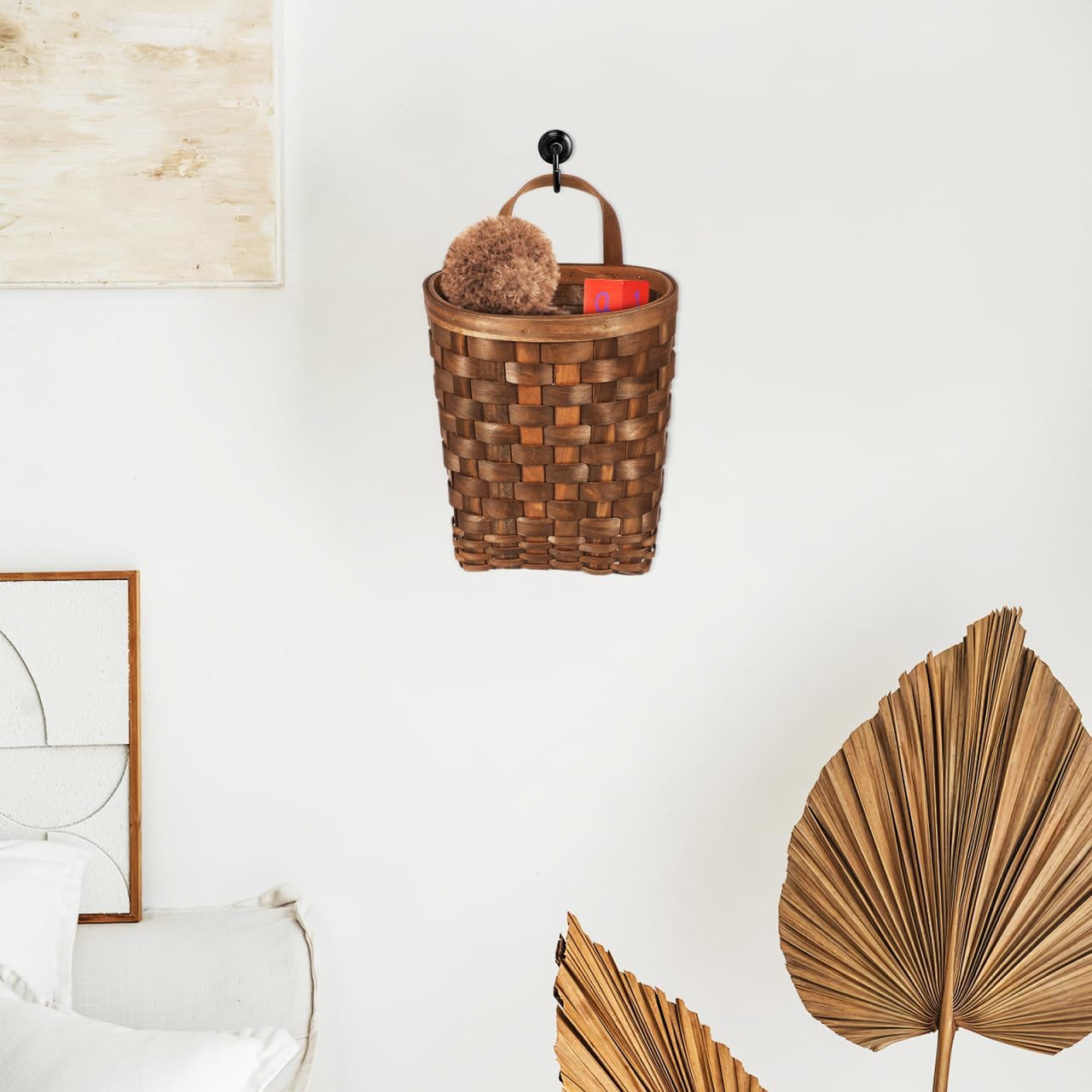 Cabilock Wicker Wall Basket Hanging Storage Organizer for Kitchen and Home Vintage Rustic Wooden Storage Basket 6.63X6.63X5.27 Inches Decorative Wall Hanging